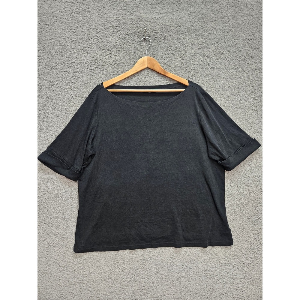 Lauren Ralph Lauren T Shirt XL Black Boat Neck Cuffed Sleeve Cotton Minimalist